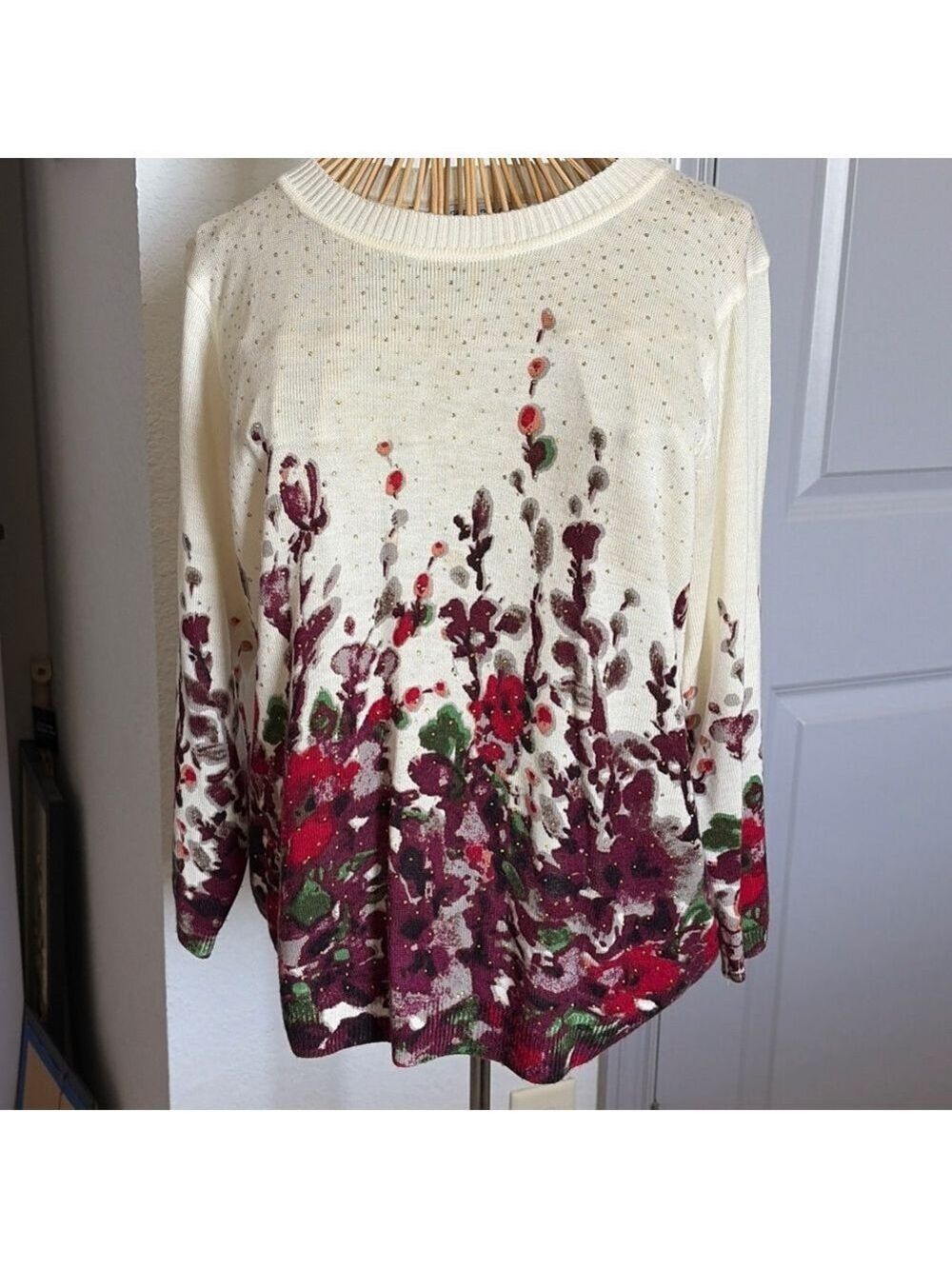 Women's Cathy Daniels Crew Neck Sweater L Off-White Red Floral #0048